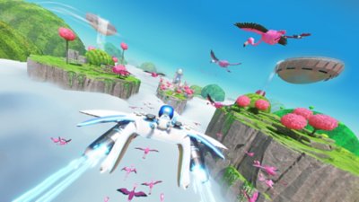 Astro Bot game screenshot showing Astro sailing on the DualSense in a green and grassy level