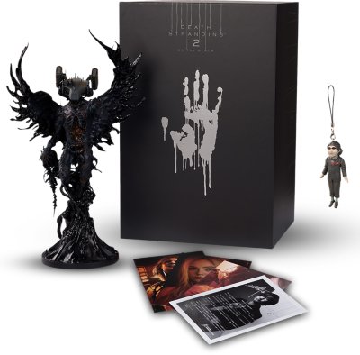 Death Stranding 2: On the Beach Collector's Edition contents showing a Magellan Man statue, Dollman figurine and other items