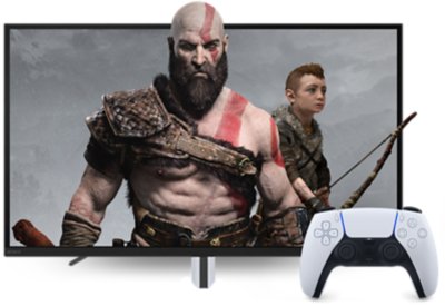 Kratos y Atreus con monitor InZone y control Dualsense.
