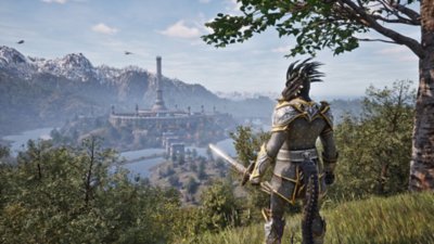 The Elder Scrolls IV: Oblivion Remastered screenshot showing a character overlooking an ornate tower from a grassy hill