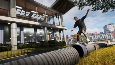 Tony Hawk's Pro Skater 3 + 4 screenshot showing pro skater Nyjah Huston doing a grind trick on a large pipe