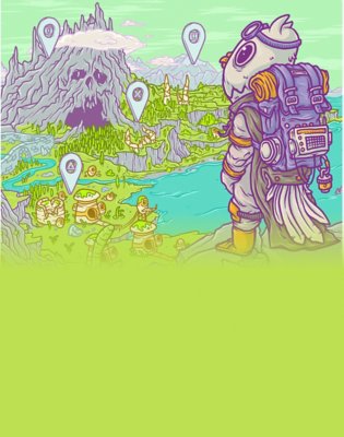 Illustration of an adventurous pigeon overlooking a vista with way points