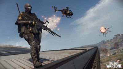 Call of Duty: Warzone screenshot showing an Operator wearing the Season 03 BlackCell skin while stood on a rooftop