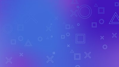 Bannière bleue avec les motifs PlayStation : des cercles, des carrés, des triangles et des croix.