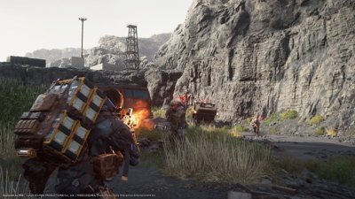 Death Stranding 2: On the Beach screenshot showing Sam firing a weapon