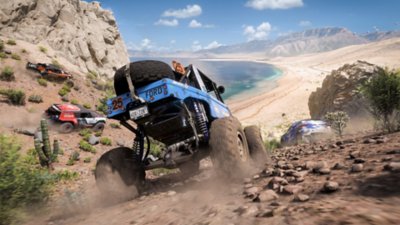 Forza Horizon 5 gameplay screenshot depicting a dirt buggy vehicle racing on uneven terrain.