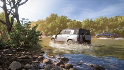 Forza Horizon 5 gameplay screenshot depicting a four-wheel drive vehicle fording a river.