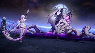 崩壊：スターレイル スクリーンショット 白と紫の服を着たキャラクターが、紫色の花をまとった翼のある敵と対峙している