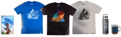 Horizon-merchandise, met drie T-shirts, een mok en een fles.