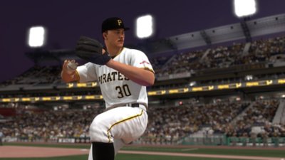لقطة شاشة من MLB The Show 25 تُظهر بول سكينز وهو يقذف الكرة