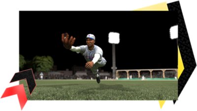 لقطة شاشة من MLB The Show 25 تُظهر لاعبًا ينقضّ لالتقاط الكرة