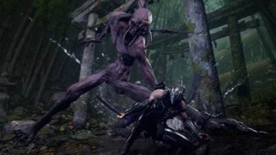 Ninja Gaiden 4 screenshot showing Ryu fighting an enemy with horns, long fangs and long limbs