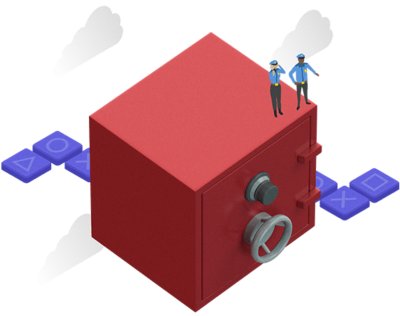 A dreamlike image showing two security guards standing on a giant red safe that has a mechanical locking mechanism.
