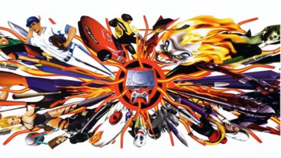 Original PlayStation print advert showing game IP and colourful lines exploding from a console