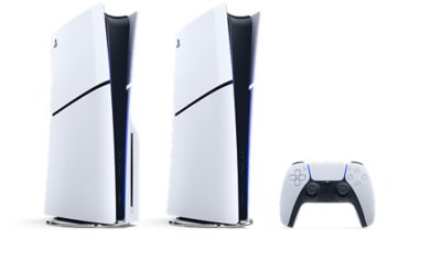 PlayStation 5 e versão digital da consola PlayStation 5, juntamente com um único comando sem fios DualSense na vertical