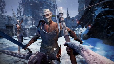 Skydance's BEHEMOTH スクリーンショット 人間の敵を斧で攻撃している主人公。それを画面後方の左側から、もう一人の敵が狙っている 