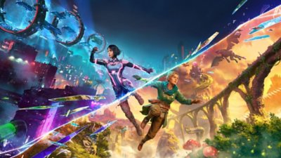 Split Fiction key art showing the two characters occupying a sci-fi world and a fantasy world divided by a diagonal split