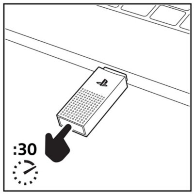 Vista superior del adaptador USB PS Link insertado en un ordenador y una mano con un icono de cronómetro que indica que se debe presionar durante 30 segundos.