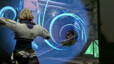 Valorant screenshot showing a character using an ability depicted as a round blue light stream towards the back of an opponent